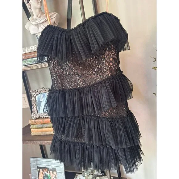 BCBGMAXAZRIA Sequin Lace & Pleated Iba Tulle Black Womens Size 6 - Picture 10 of 15